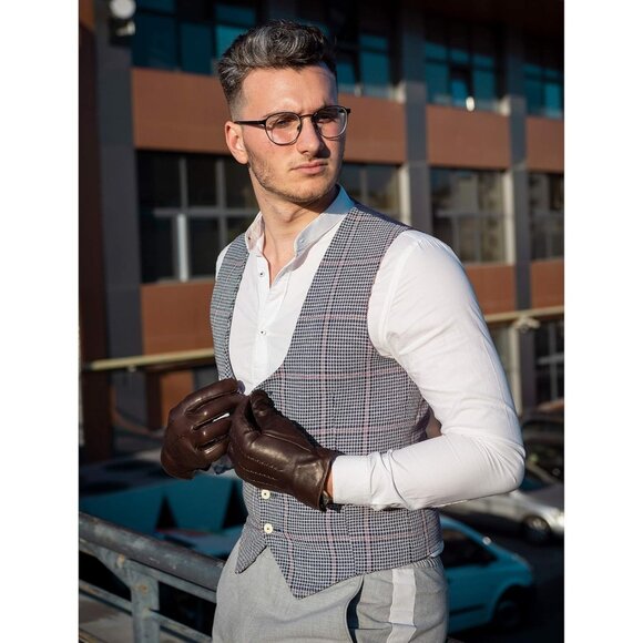 Men's Brown Luxury Italian Cashmere Sheepskin Wool Lined Genuine Leather Gloves - Picture 4 of 7